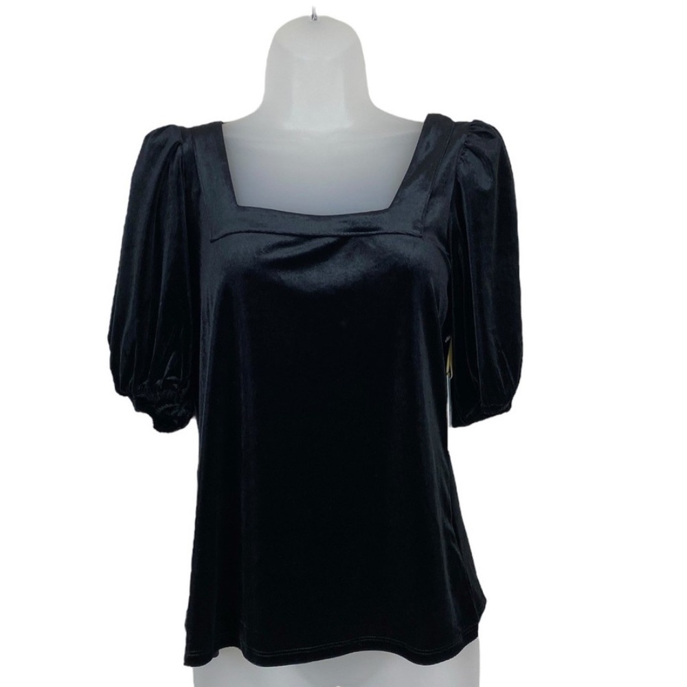 NEW CECE Black Short Puff Sleeve Velour Blouse Top Square Neck